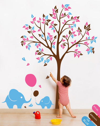 Brown Tree with Leaves, Balloons & Elephants Wall Sticker Vinyl Decal Décor