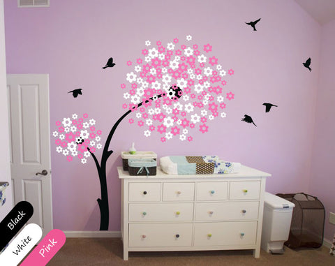 White & Pink Blossoms Tree Birds Wall Sticker
