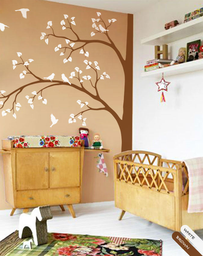 Large Tree Wall Decals Nursery Tree Stickers with Birds Stunning Tree Wall  Art Mural Vinyl Wall Decor KW032 (Leaning Right, Brown, Lime-Tree Green