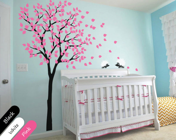 Black Tree with Pink Leaves & Hedgehog Nursery Wall Decal