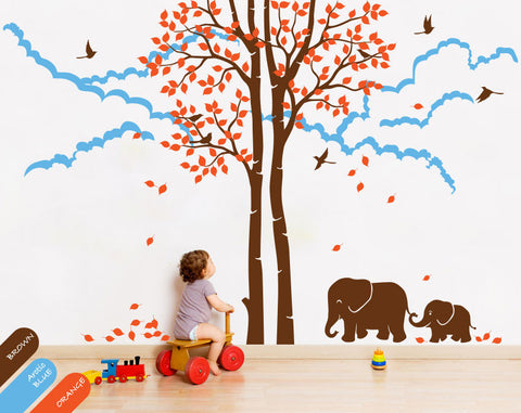 Brown Trees with Birds & Elephants Nursery Wall Decal