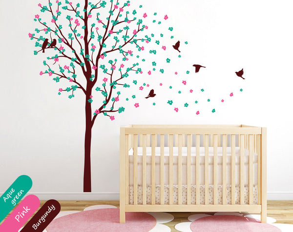 Burgundy Tree with blossoms & birds Nursery Wall Sticker