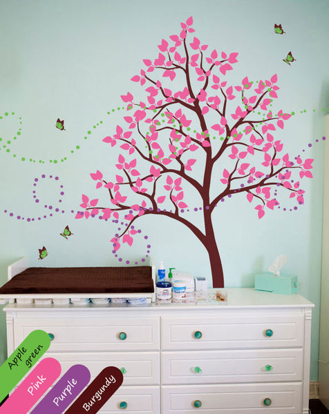 Burgundy Tree with leaves & butterflies Wall Sticker