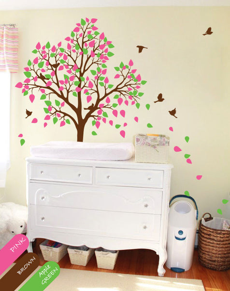 Brown Tree Birds & pink, green leaves Wall Sticker