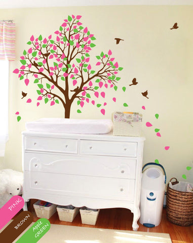 Brown Tree Birds & pink, green leaves Wall Sticker