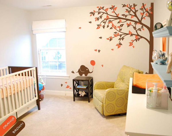Large Corner Tree with Leaves & Elephants Wall Sticker