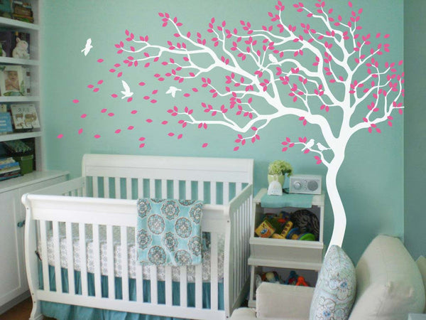 White Tree with Large Branches, Pink Leaves & Birds Nursery Wall Sticker